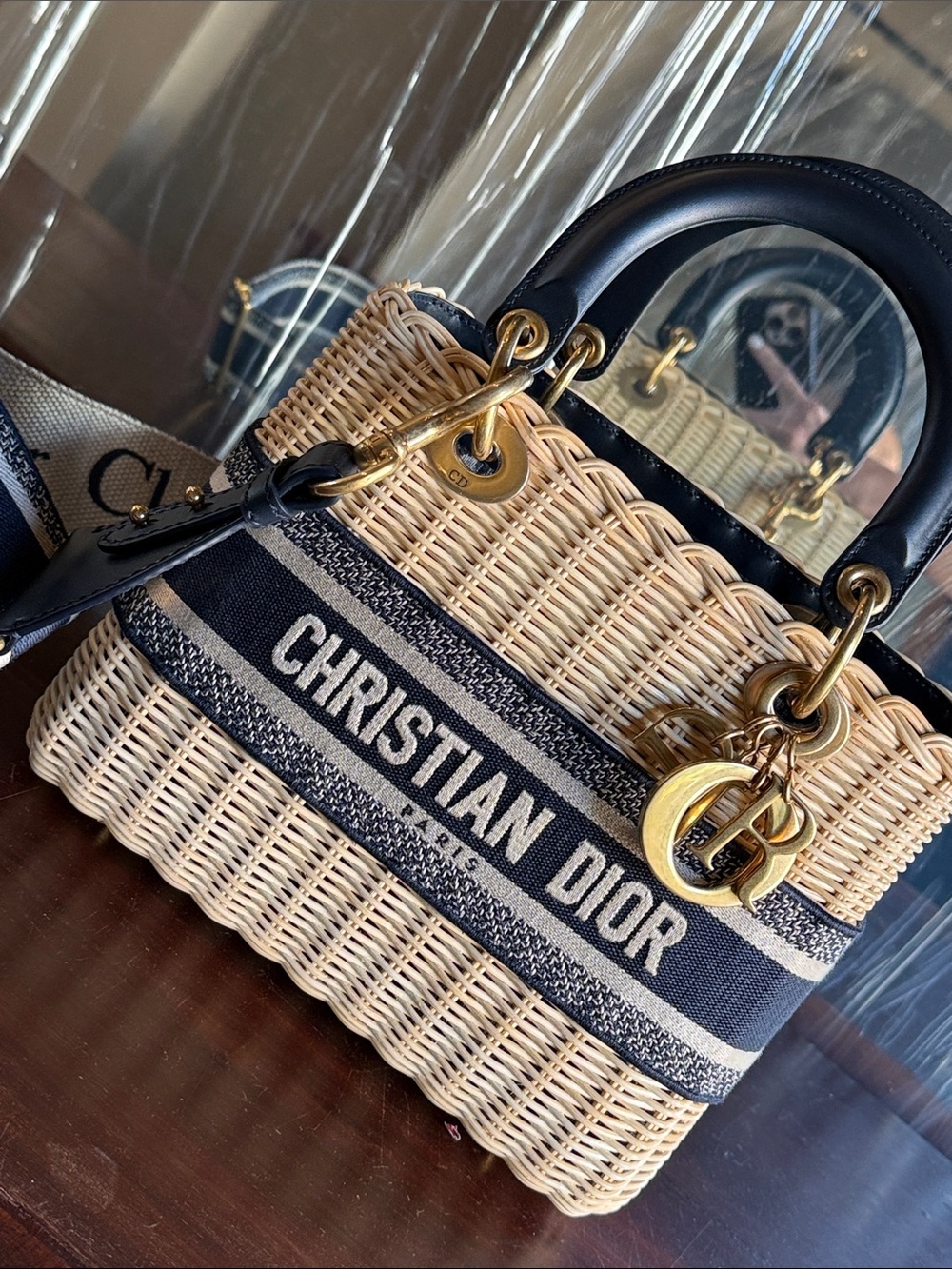 Dior Natural Wicker Tote with Navy Trim and Gold Hardware. Worn one time.